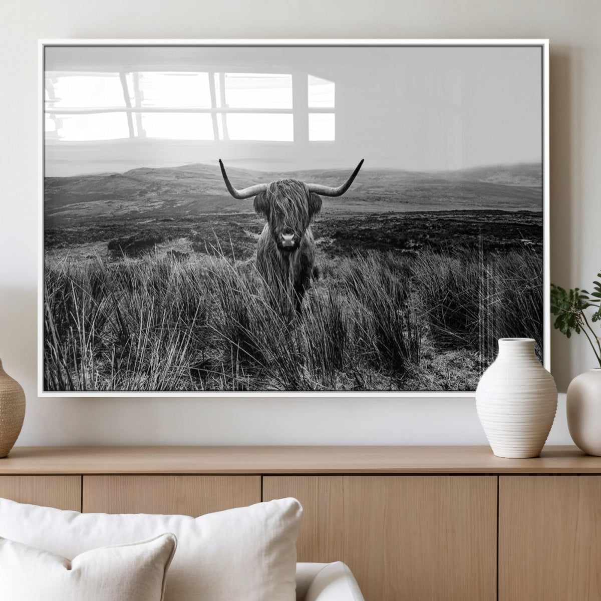 Black and White Highland Cow Canvas Wall Art, Longhorn