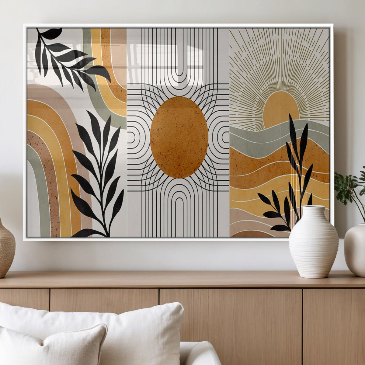 Modern Boho Sun and Leaf Abstract Art – 3-Panel Giclée