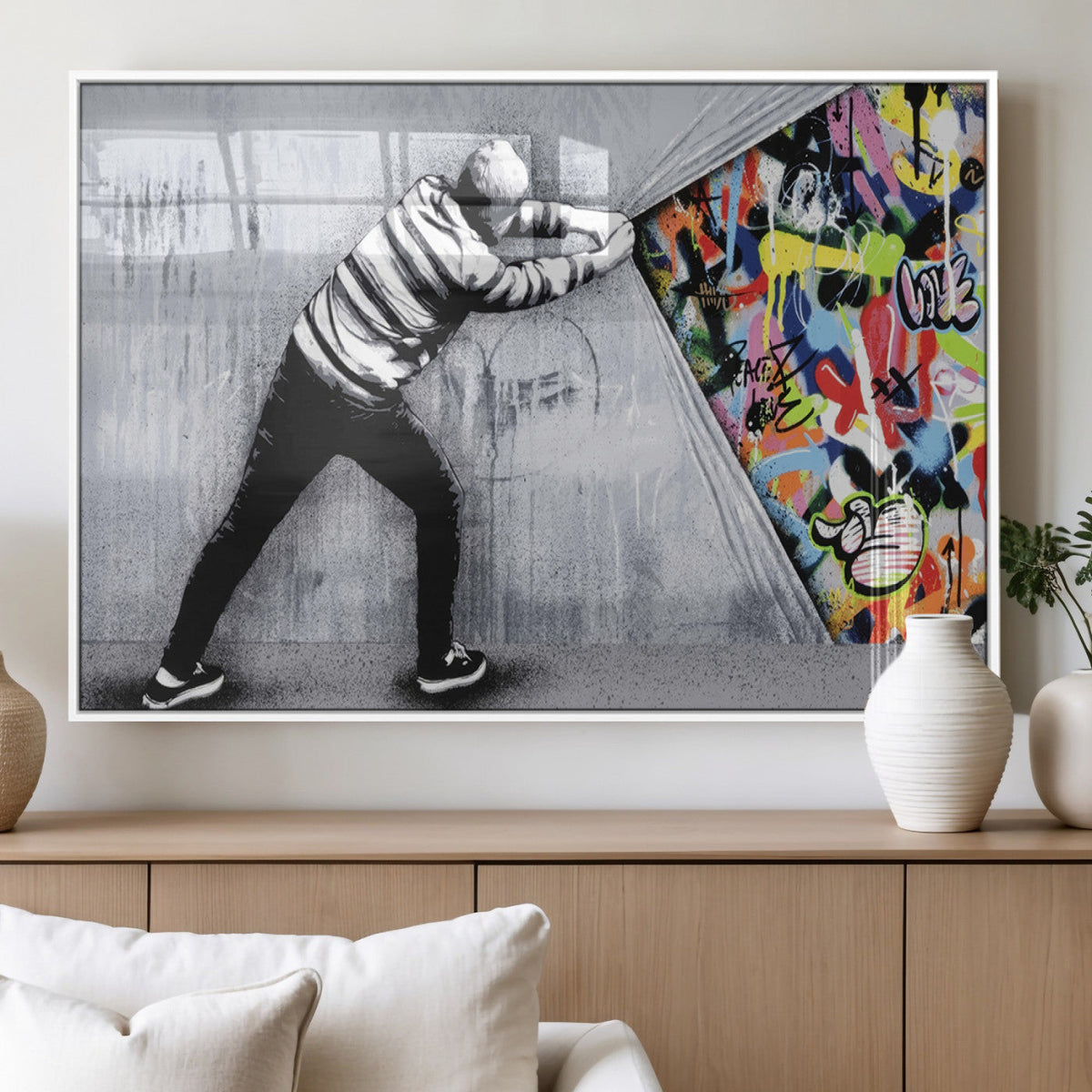 Banksy Art Behind the Curtain Street Wall Art Canvas Print |