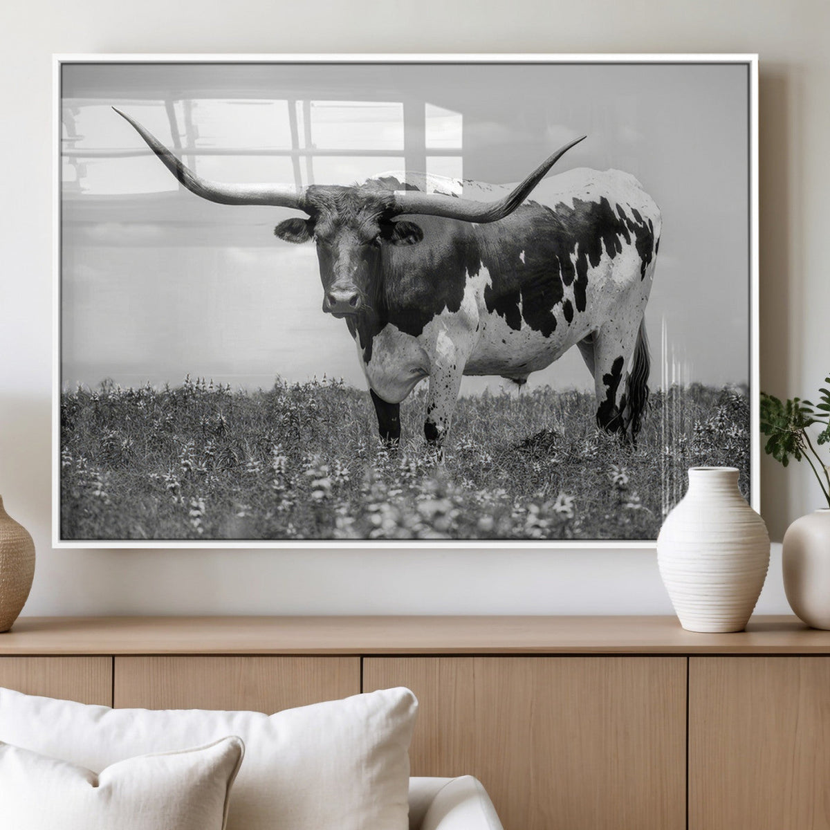 Texas Black White Highland Longhorn Cow Wall Art Canvas