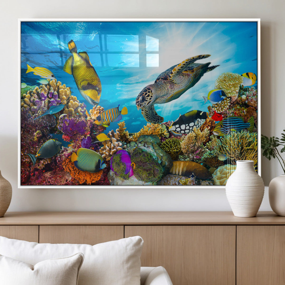 Colorful Coral Reef and Sea Life Turtle Canvas Print,