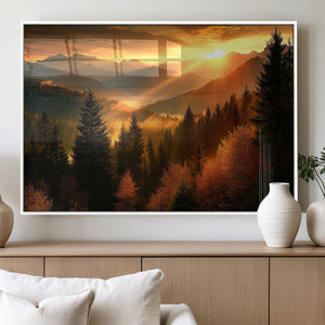 Golden Sunset Over Mountain Forest Canvas Wall Art Print -