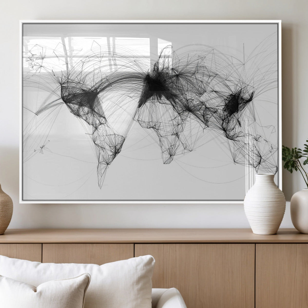 Abstract World Map Wall Art – Framed Geometric Line Canvas