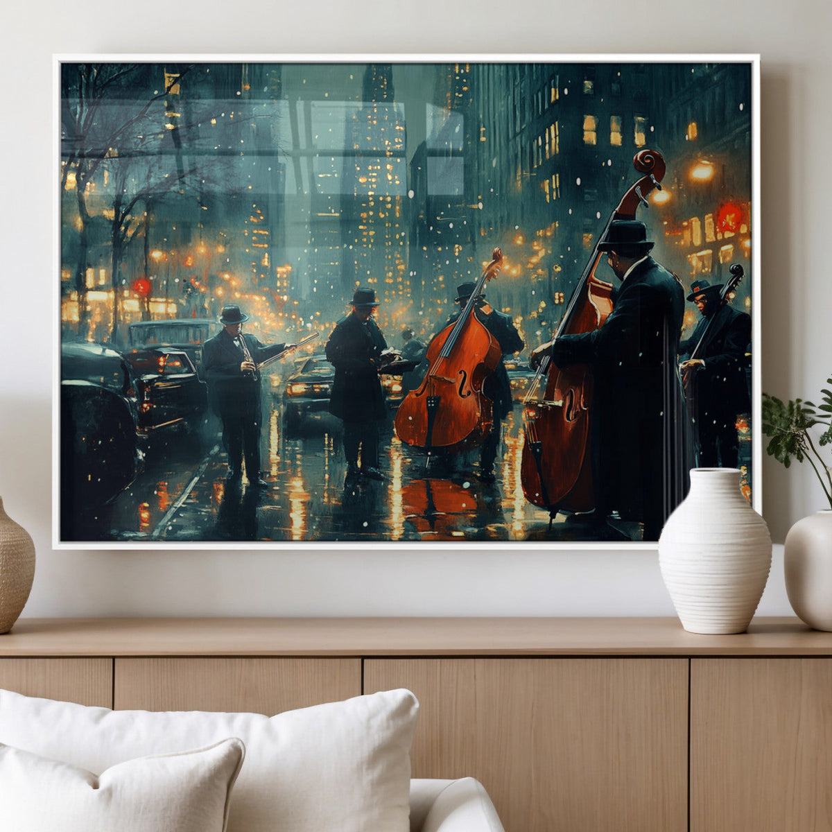 Urban Night Jazz Wall Art Canvas Print – Moody Rain-Soaked
