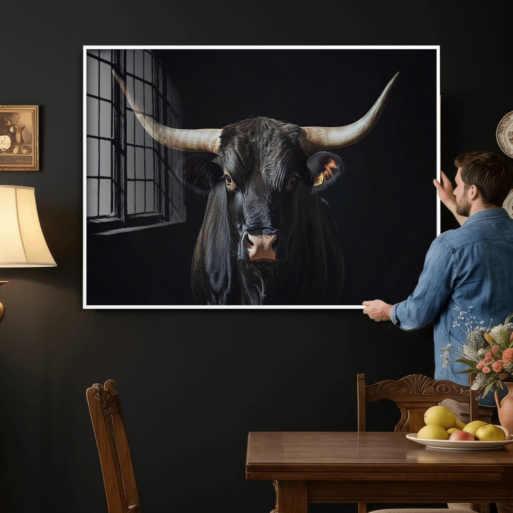 Majestic Longhorn Bull Wall Art Canvas Print – Dark