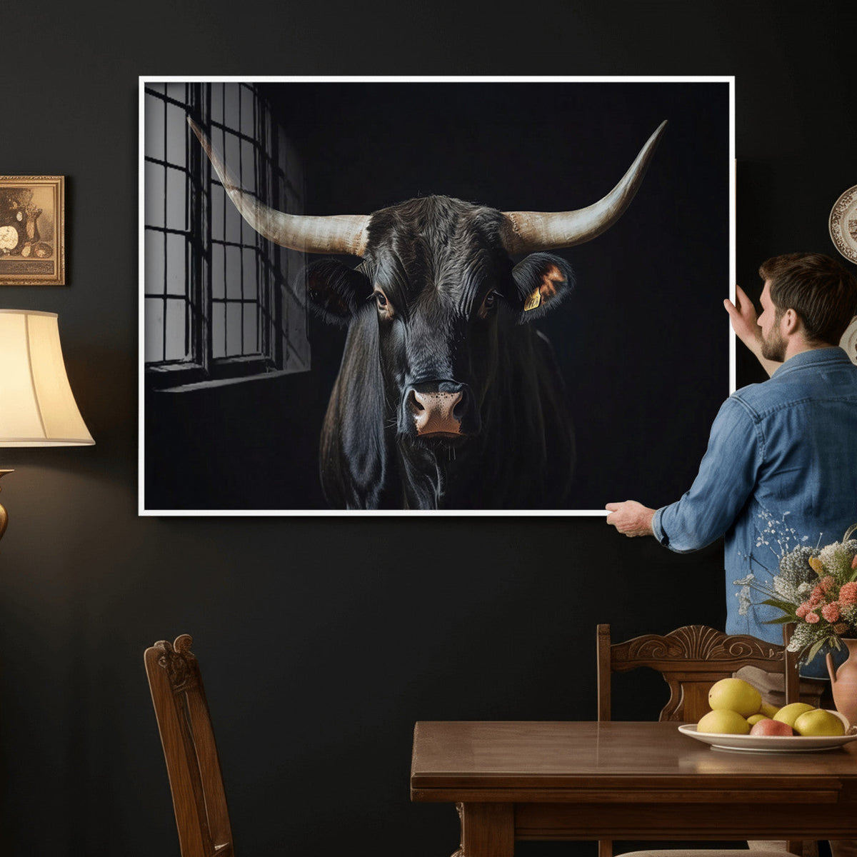 Majestic Longhorn Bull Wall Art Canvas Print – Dark