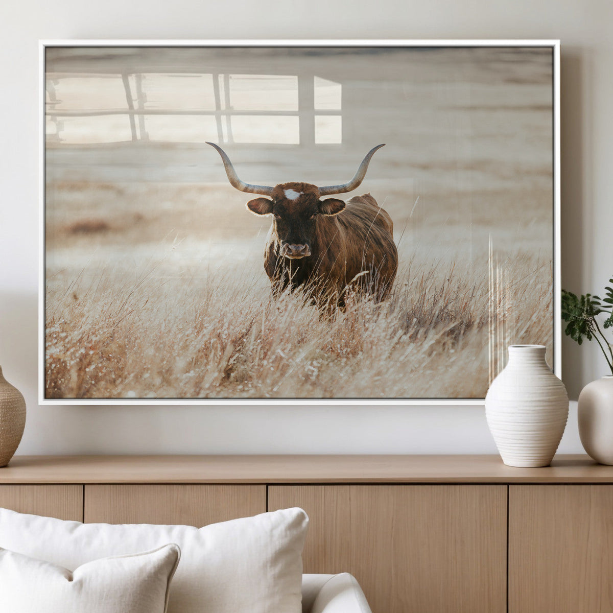 Texas Longhorn Wall Art Canvas Print – Framed Brown Horned