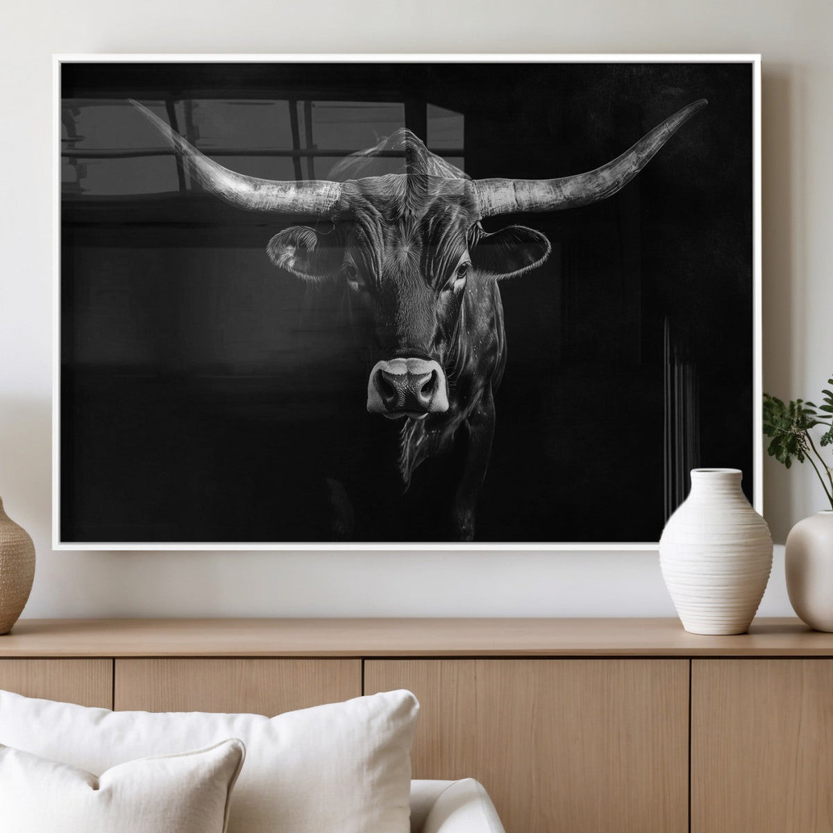Texas Longhorn Wall Art Canvas Print – Framed Monochrome