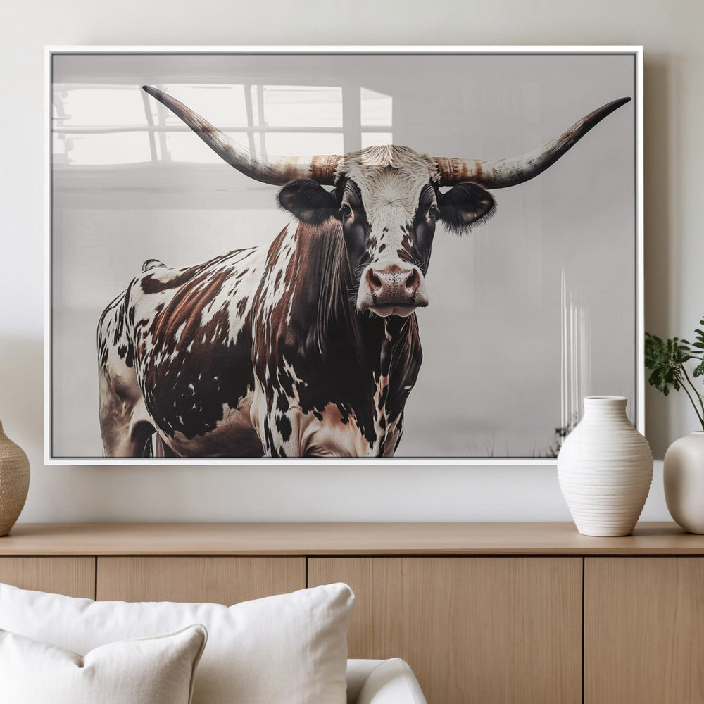 Texas Longhorn Wall Art Canvas Print – Framed Spotted Bull