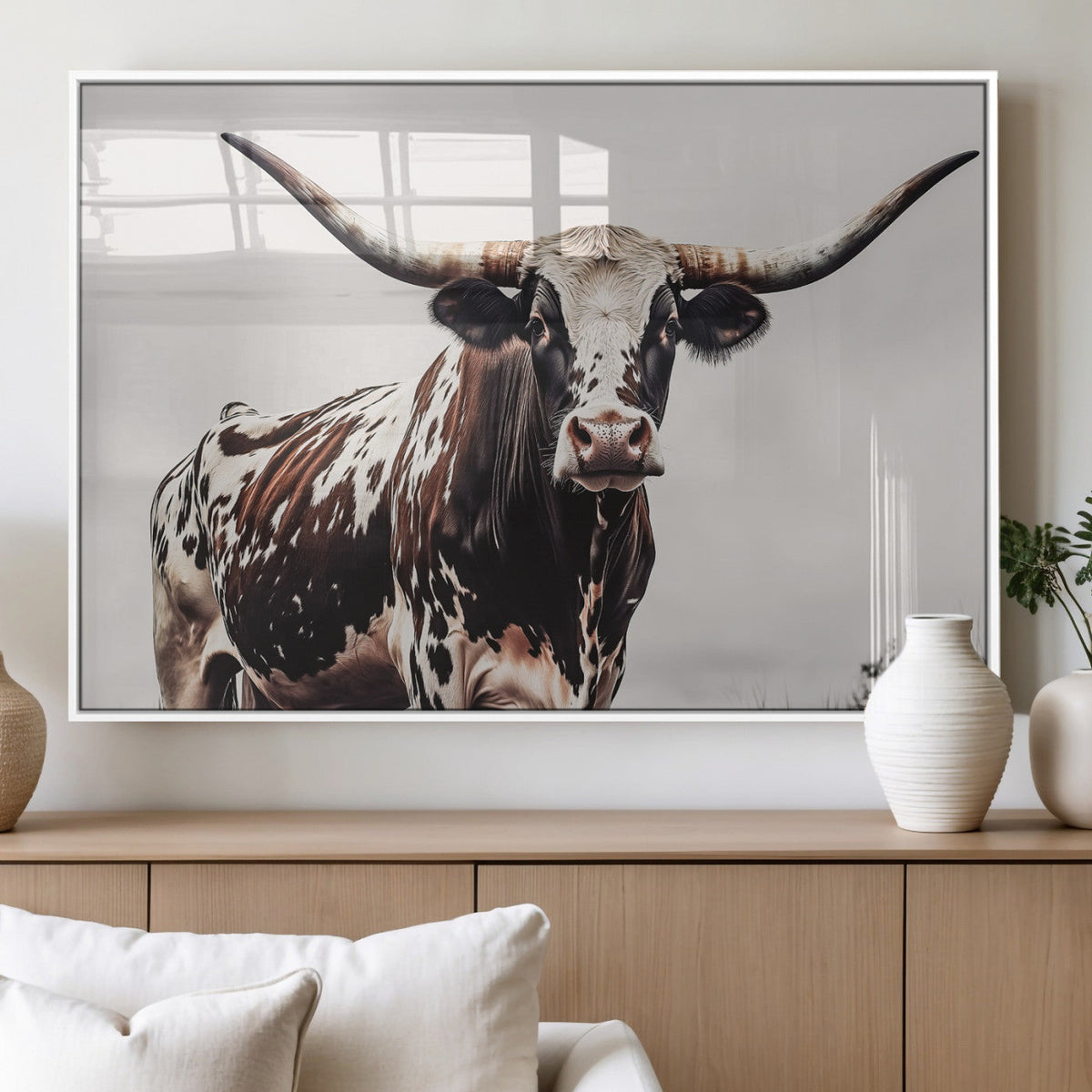 Texas Longhorn Wall Art Canvas Print – Framed Spotted Bull