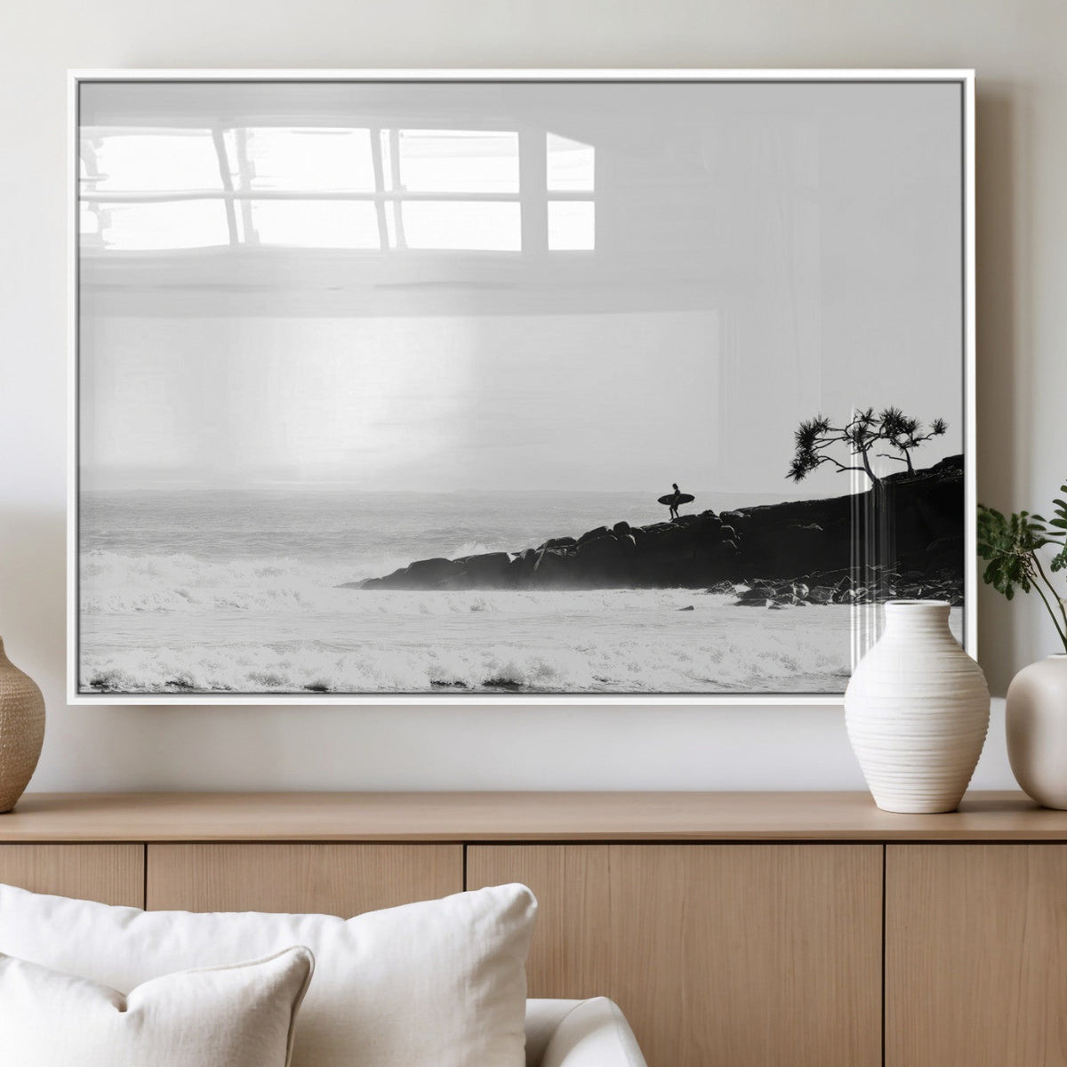 Surfer Cliffs Wall Art Canvas Print – Framed Black White