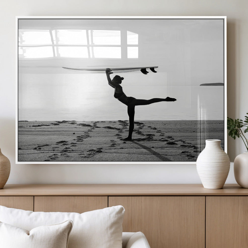 Yoga Surf Wall Art Canvas Print – Framed Black White Shore