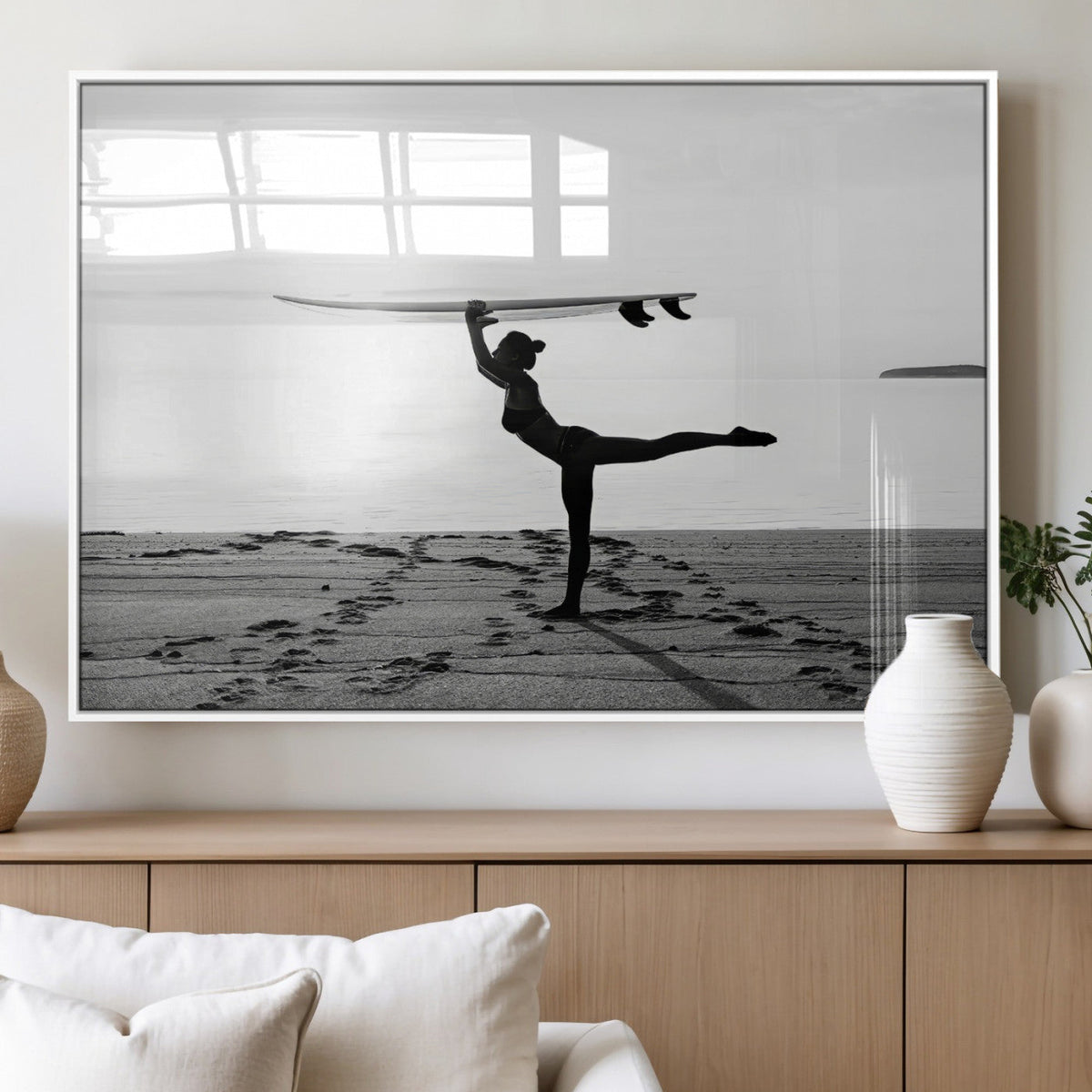 Yoga Surf Wall Art Canvas Print – Framed Black White Shore