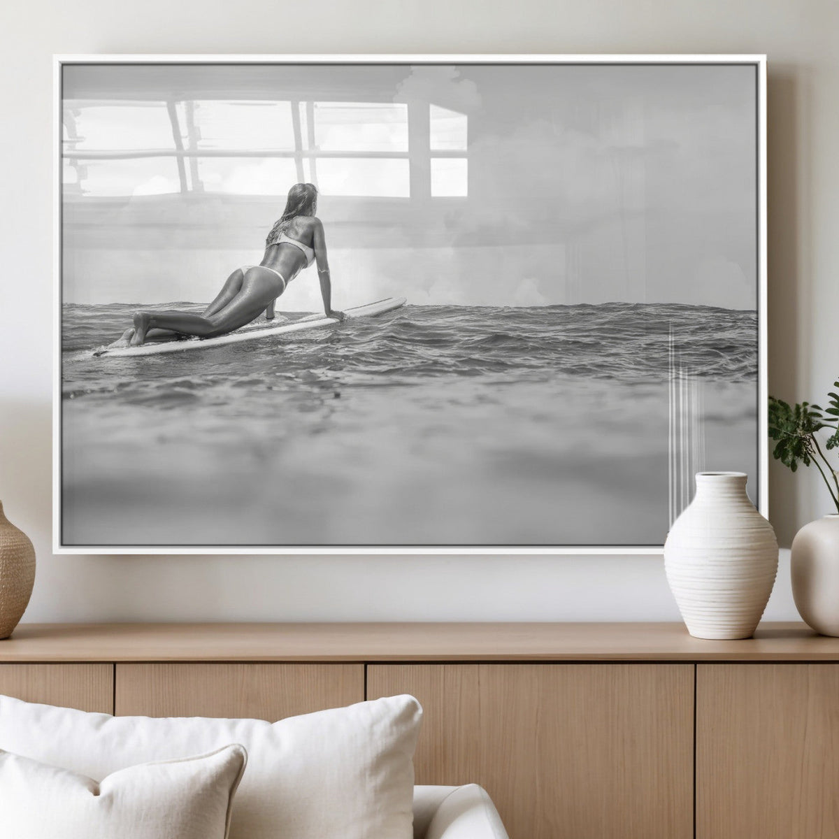 Black and White Surfing Wall Art Canvas Print – Framed Ocean
