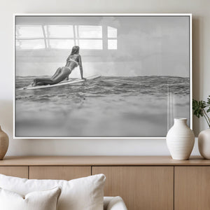 Black and White Surfing Wall Art Canvas Print – Framed Ocean