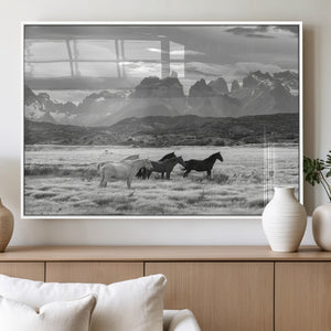 Wild Horses Wall Art Canvas Print – Framed Black and White
