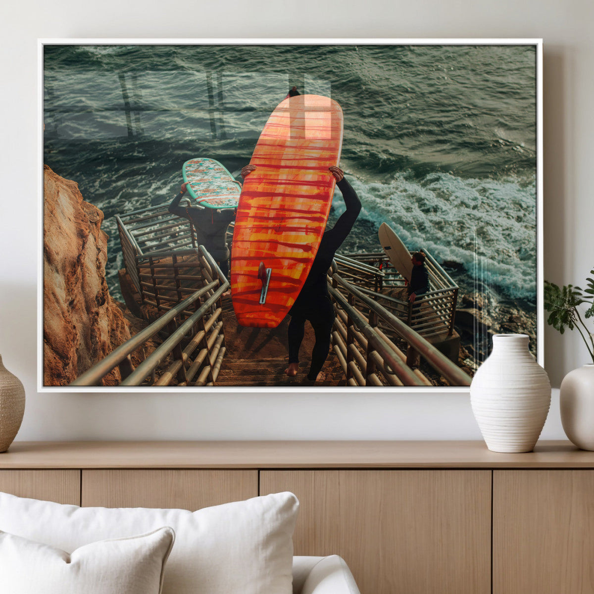 Surfer Stairway Wall Art – Framed Ocean Surf Canvas Artwork,