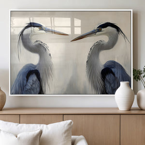 Blue Heron Pair Wall Art Canvas Print, Framed Coastal Bird