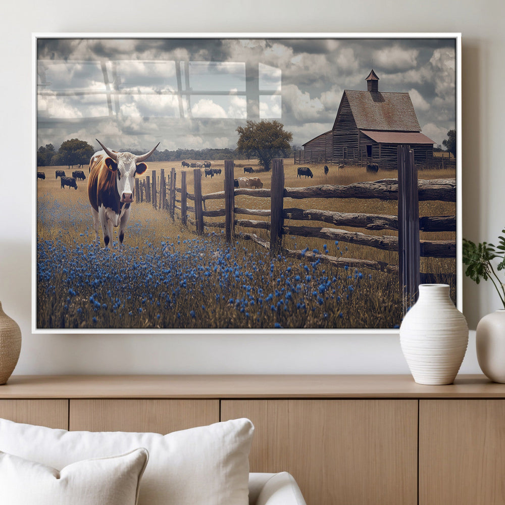 Texas Longhorn Canvas Wall Art Print – Framed Rustic Barn