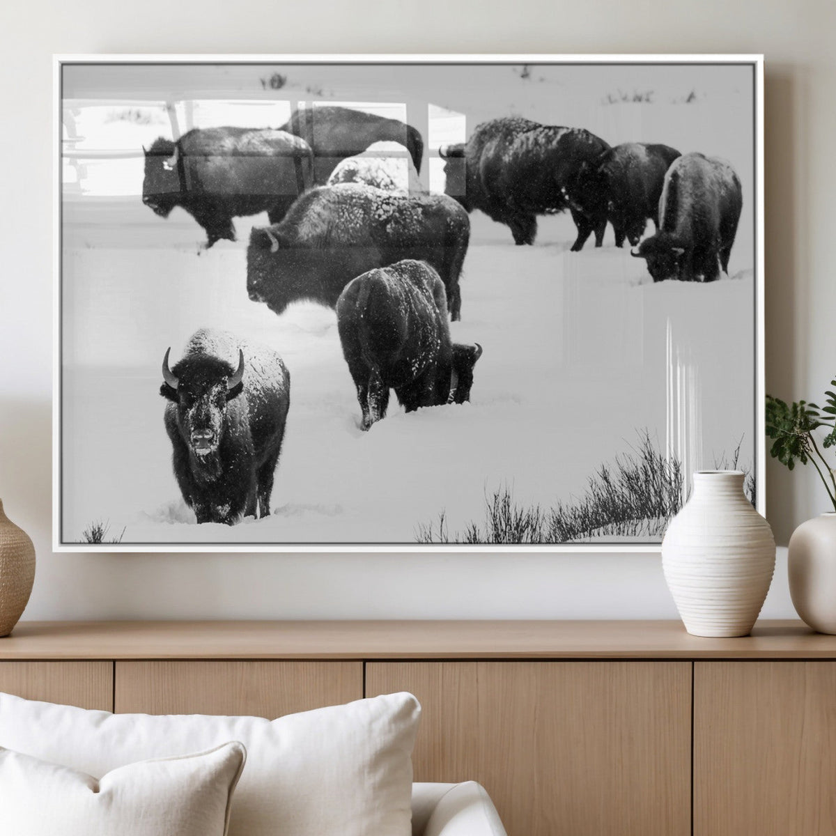 Buffalo Herd Wall Art Canvas Print – Framed Black and White