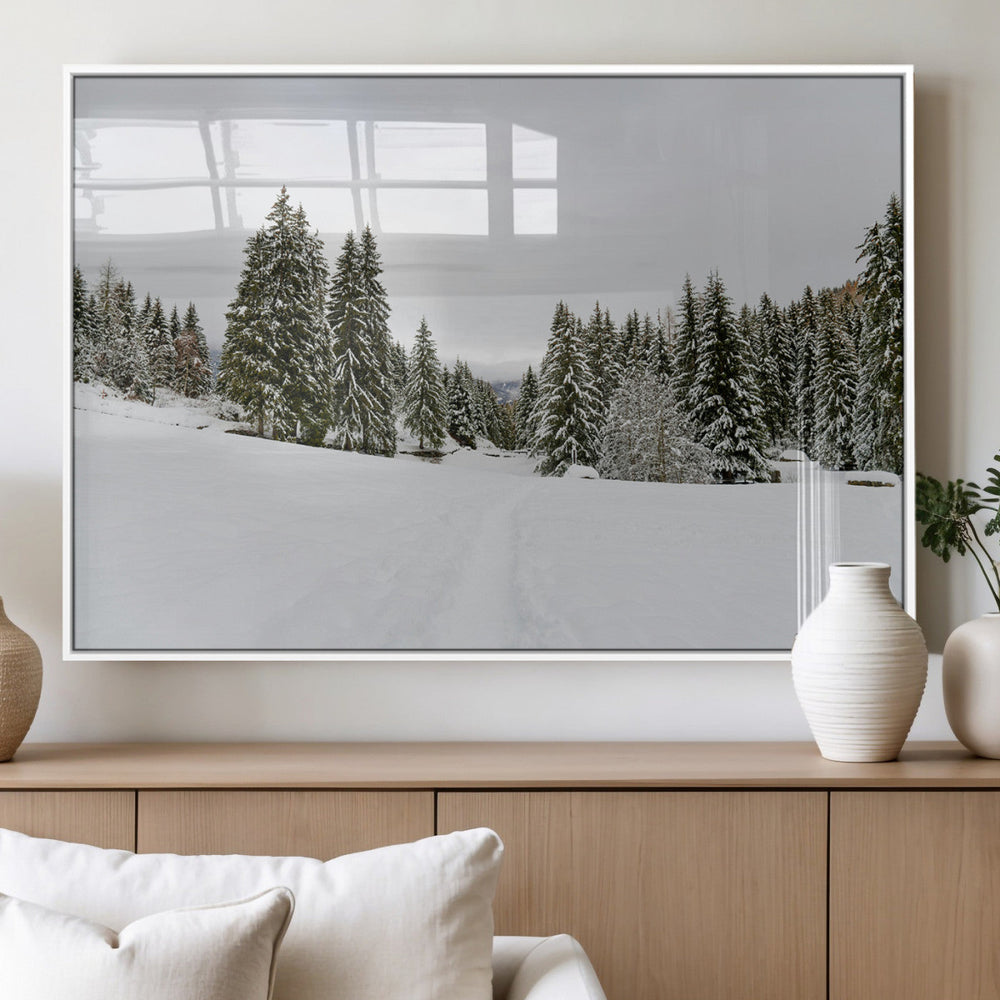 Frosty Pines Wall Art Canvas Print – Framed Silent Snowfall