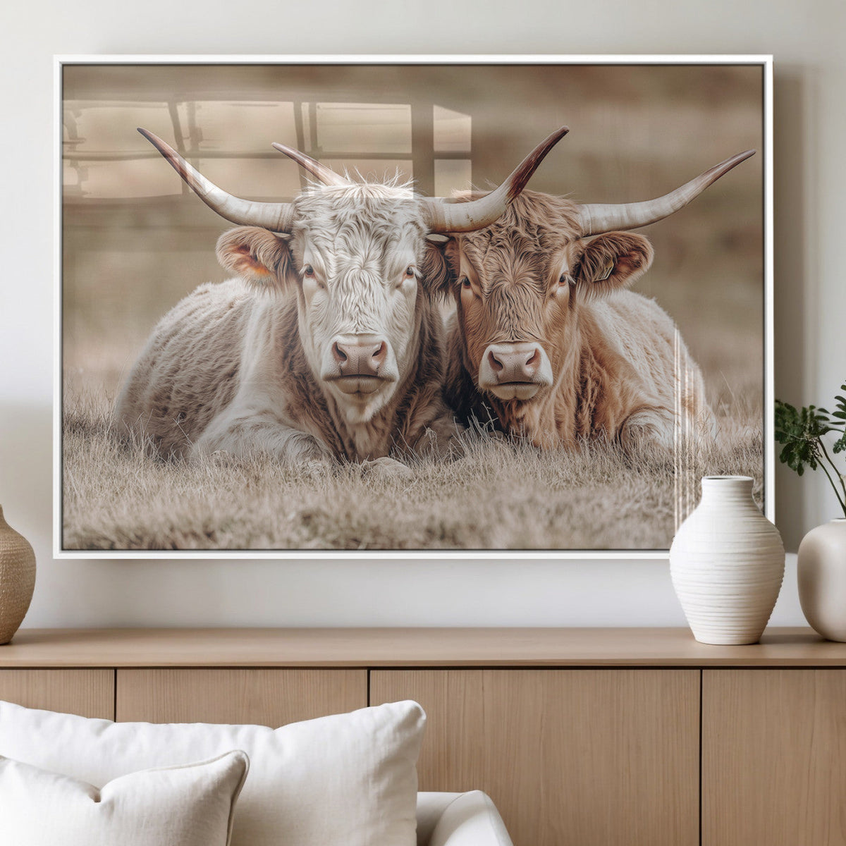 Couple Highland Cows Wall Art Canvas Print – Peaceful Meadow