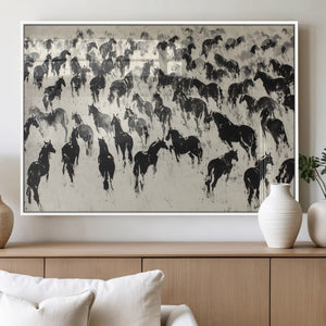 Wild Horse Stampede Wall Art Canvas Print – Monochrome