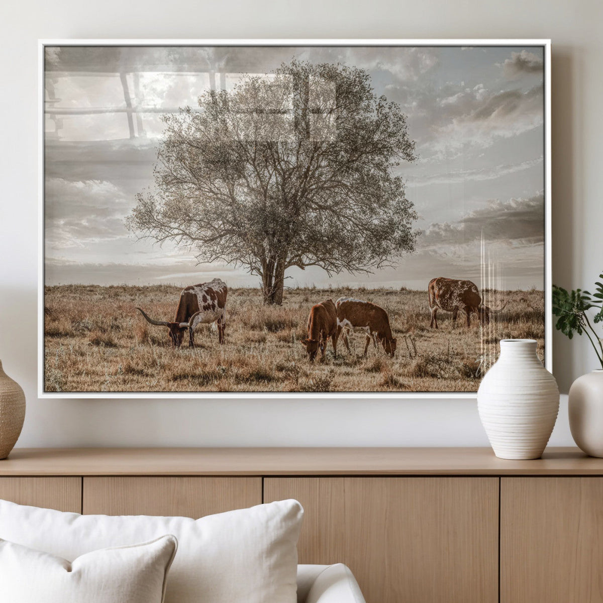 Texas Longhorn Cattle Wall Art, Rustic Western Ranch Canvas