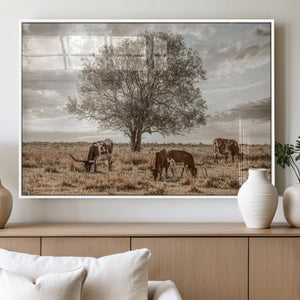Texas Longhorn Cattle Wall Art, Rustic Western Ranch Canvas