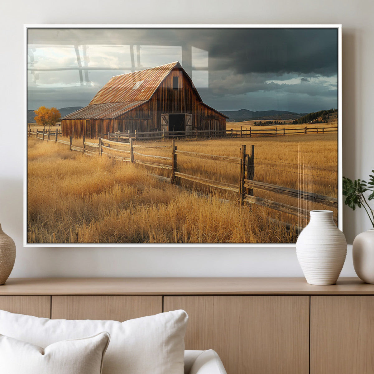 Golden Sunset Barn Wall Art Canvas Print, Rustic Autumn Farm