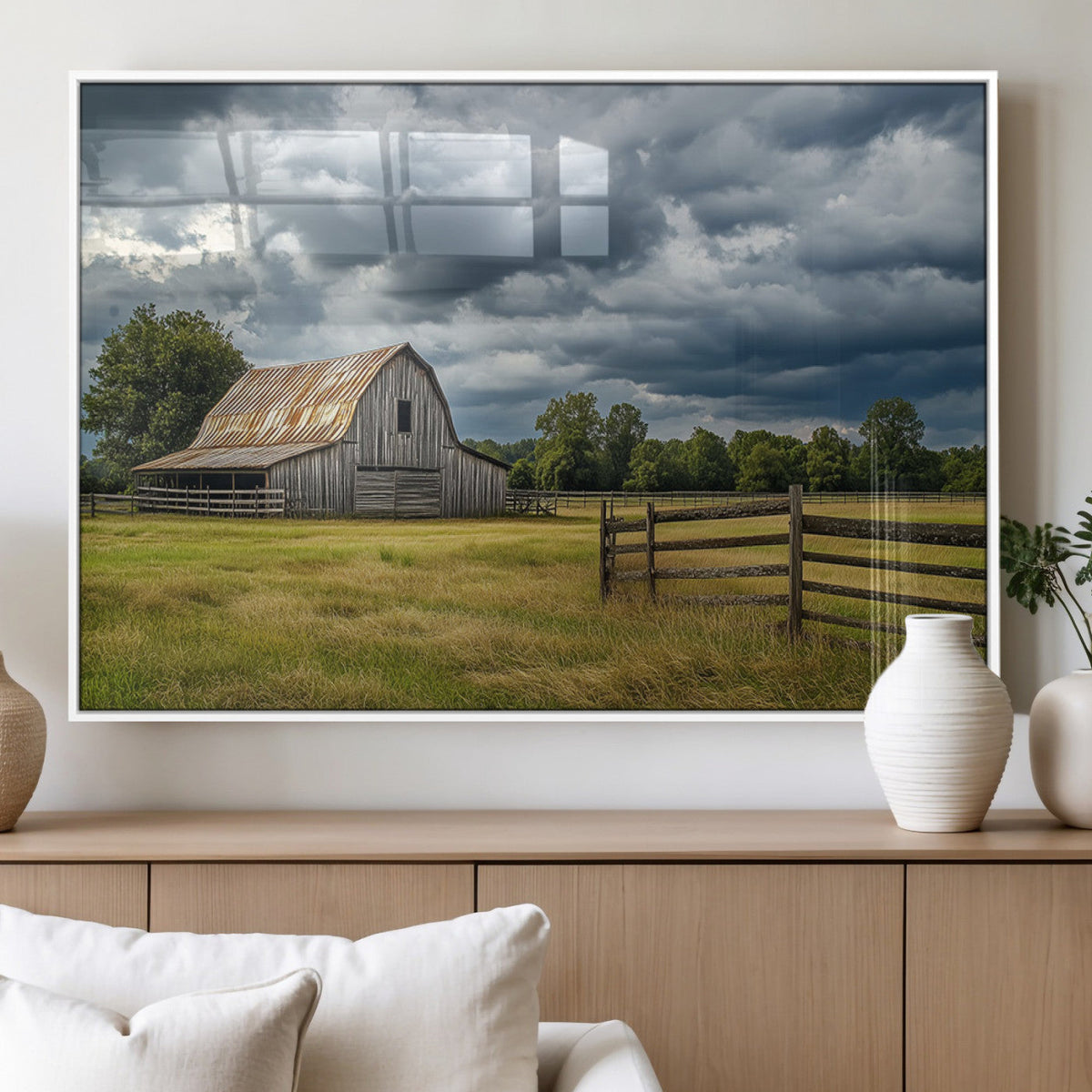 Rustic Stormy Barn Wall Art Canvas Print, Moody Country Farm