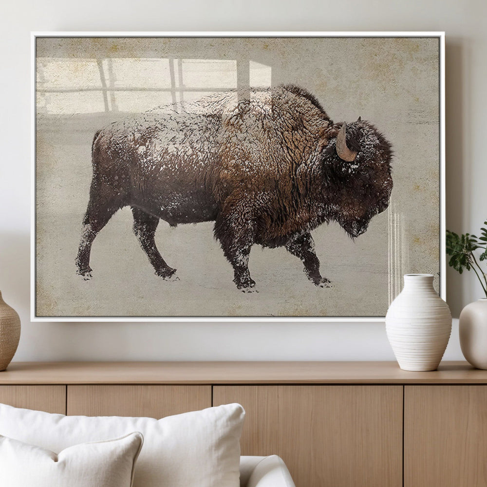 Snow-dusted bison silhouette textured vintage style rugged