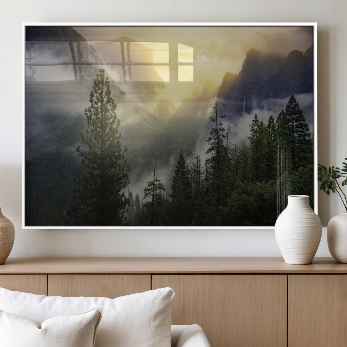 Misty Mountain Valley Wall Art Canvas Print, Golden Sunrise
