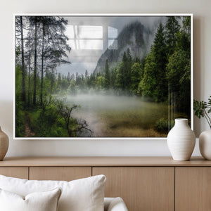 Misty Lake Forest Wall Art – Green Trees Calm Water