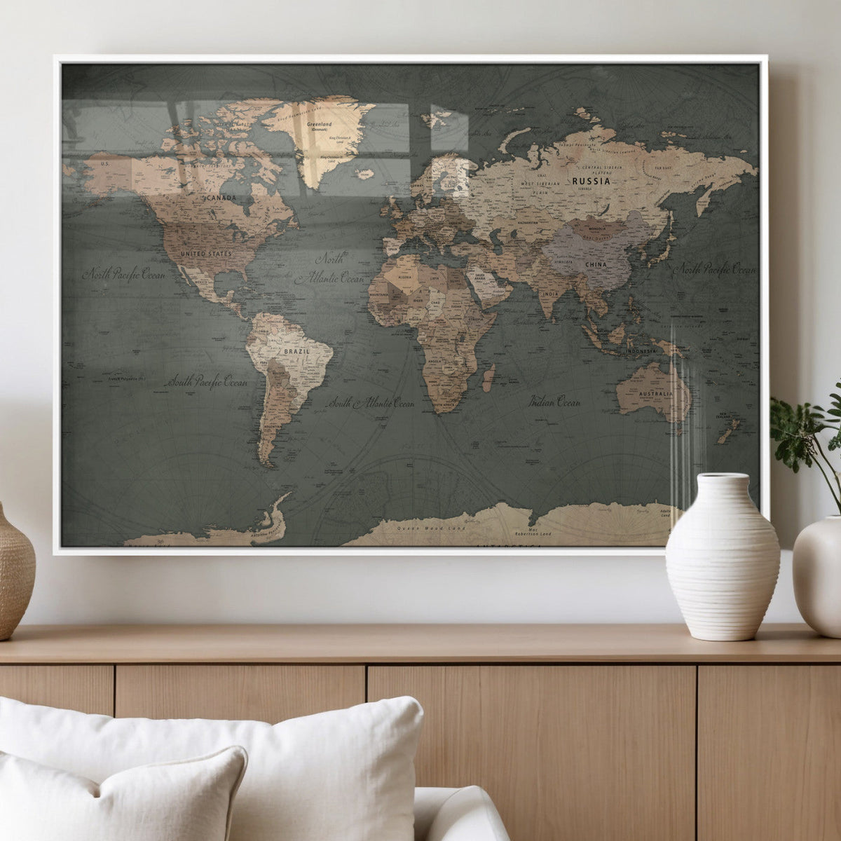 Rustic Black and Wood World Map Canvas Wall Art – Framed