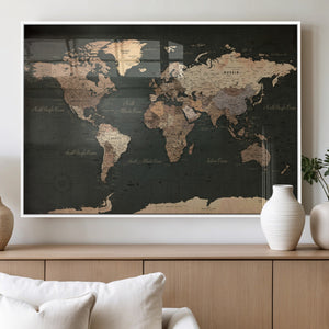 Vintage World Map Canvas Wall Art – Framed Travel Map for
