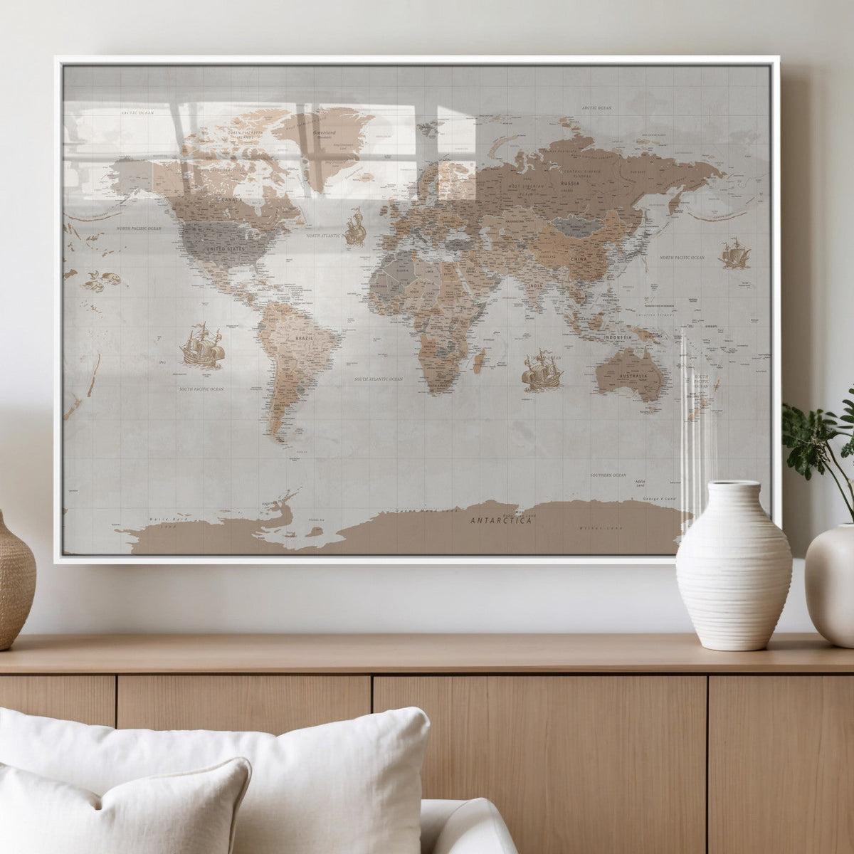 Framed Large World Map Canvas Print for Office Decor
