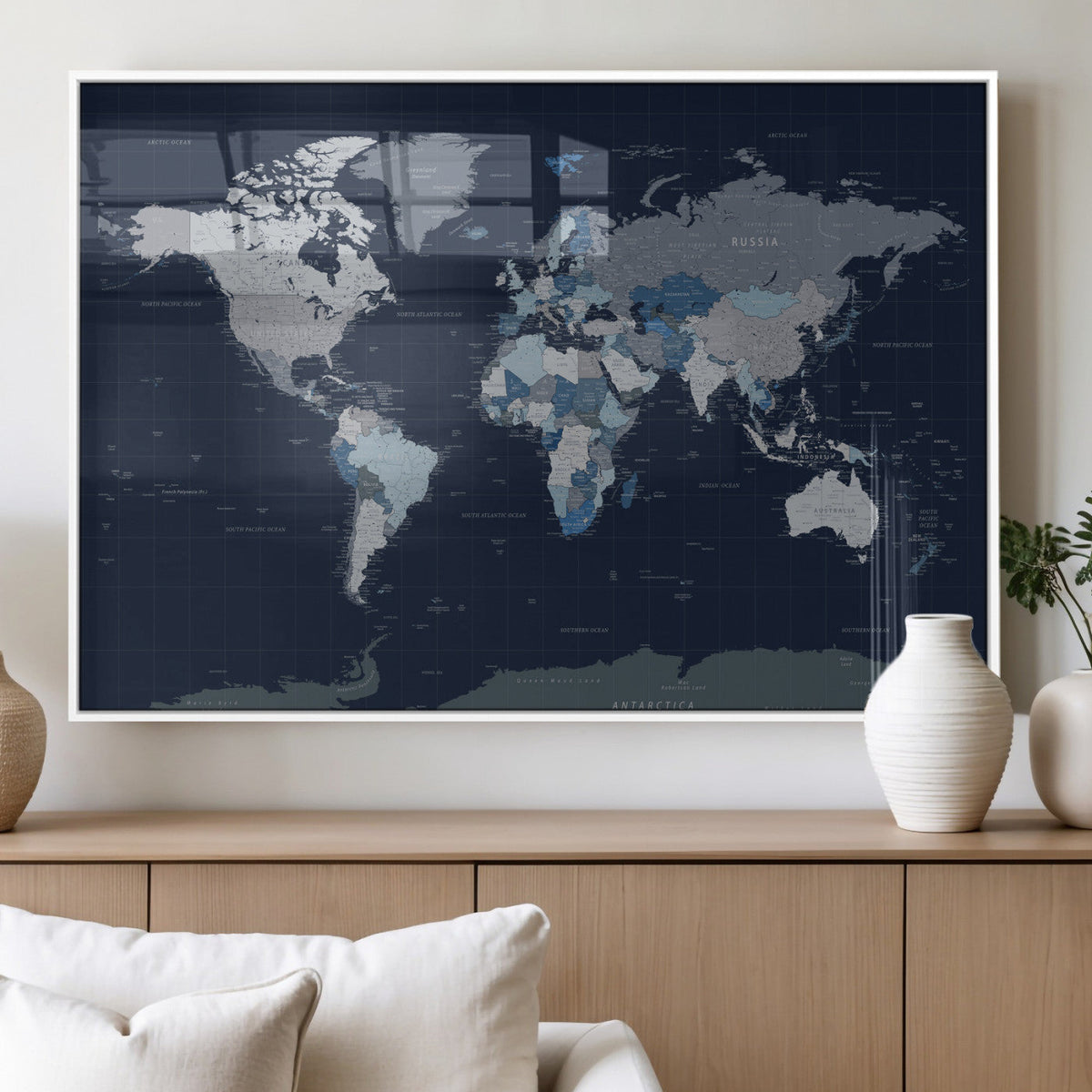 Blue Detailed World Map Wall Art Canvas Print, Modern Framed