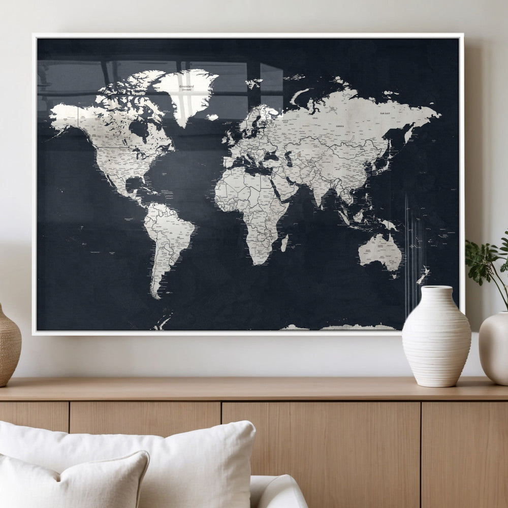Black World Map Wall Art Canvas Print for Home Office and