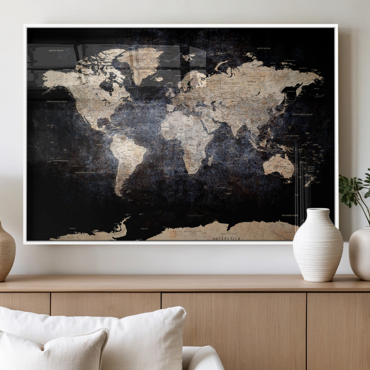 Grunge World Map Wall Art | 3-Panel Large Beige and Brown