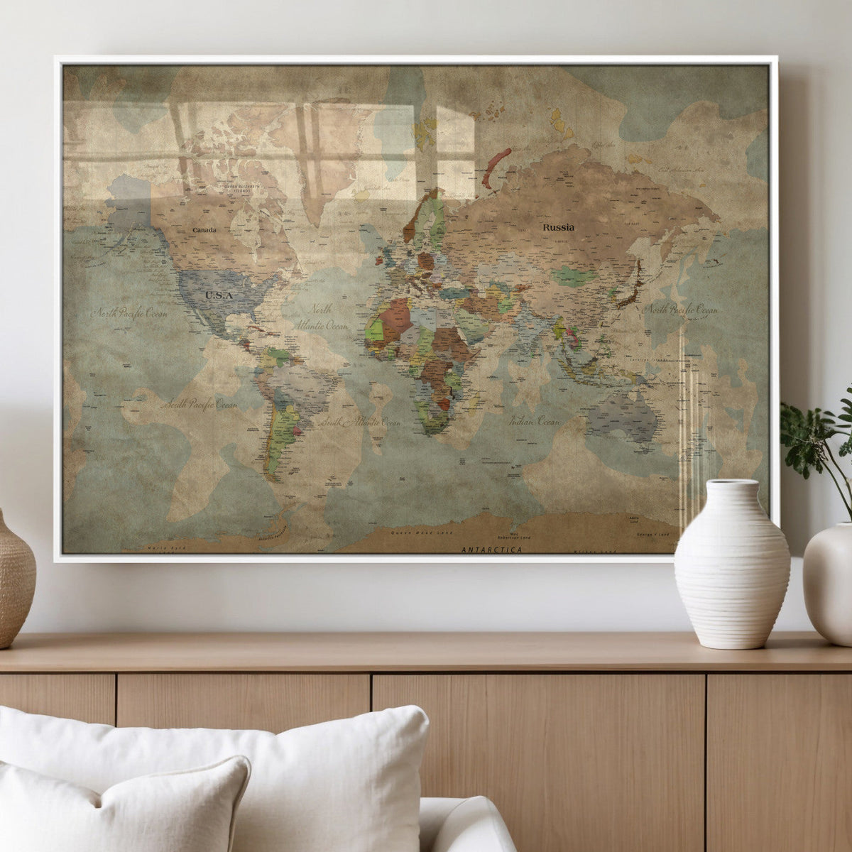 World Map Wall Art Canvas Print, Rustic Map Print, Framed