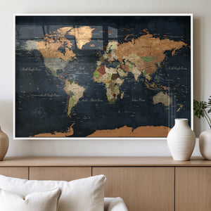 Vintage World Map Canvas Wall Art – Detailed Map with