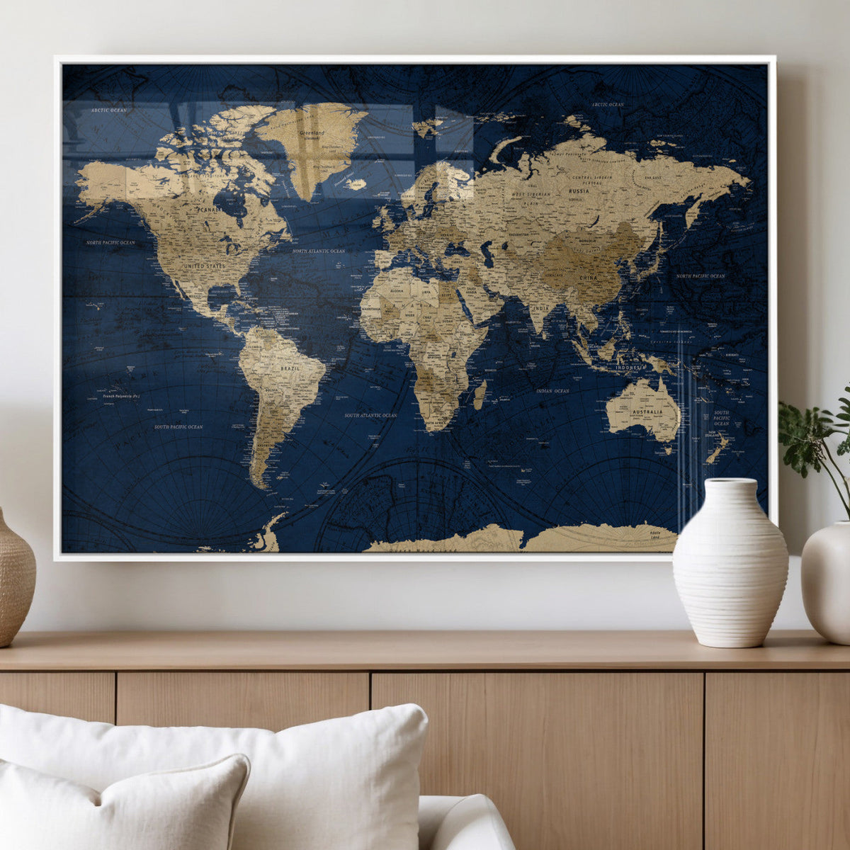 Navy Blue World Map Canvas Print – Detailed Map Minimal Navy