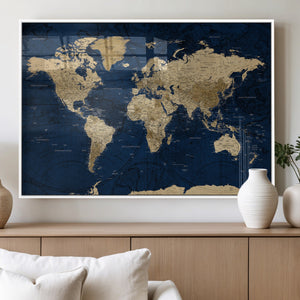 Navy Blue World Map Canvas Print – Detailed Map Minimal Navy
