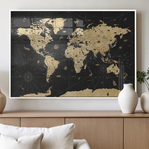 Vintage Blue and Brown World Map Canvas Wall Art – Framed