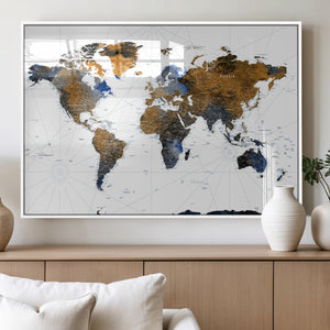 World Map Wall Art Canvas Print, Modern Decorative Framed