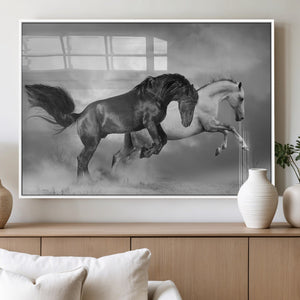Wild Horses Wall Art Canvas Print – Framed Black and White