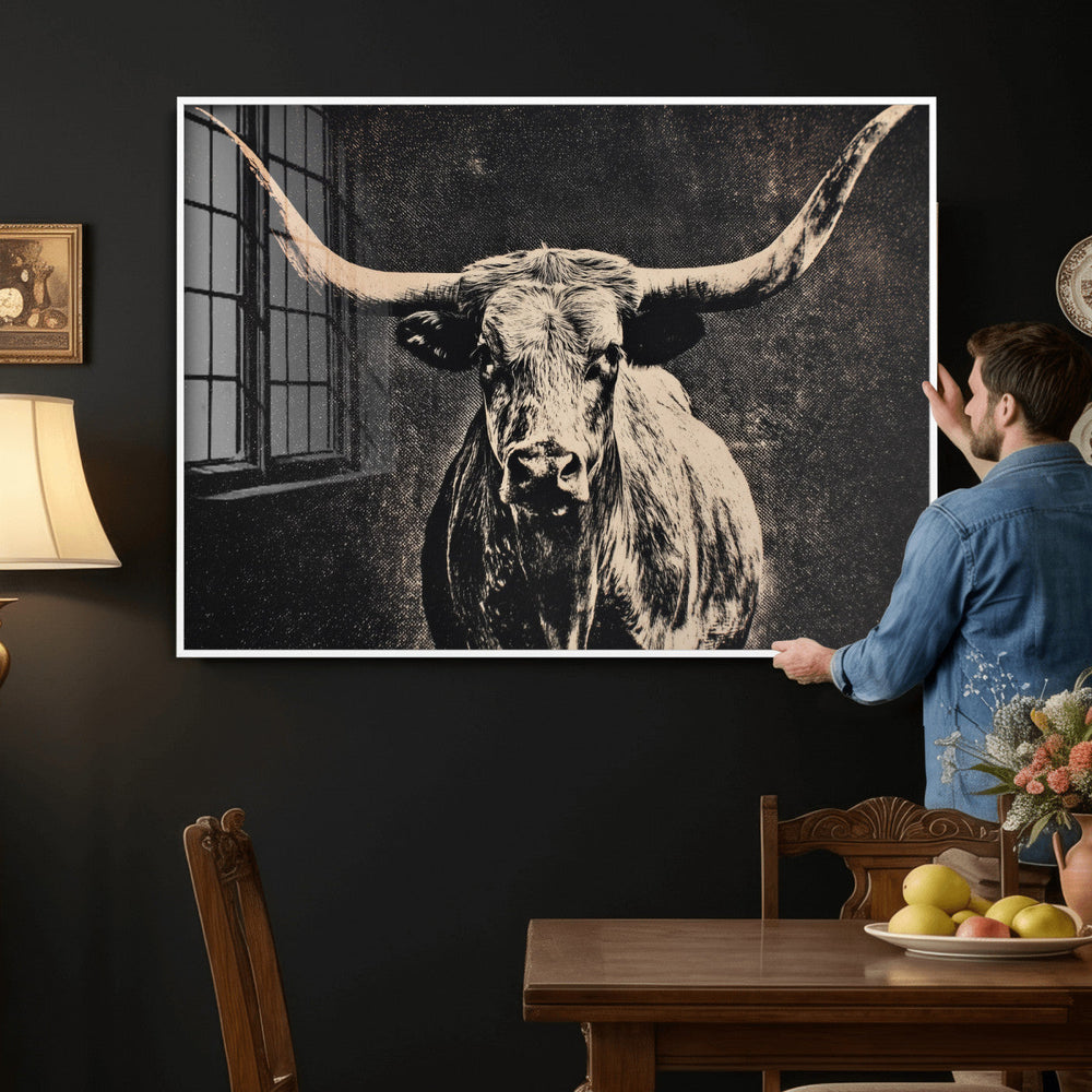 Vintage Texas Longhorn Bull Wall Art Canvas Print, Cow
