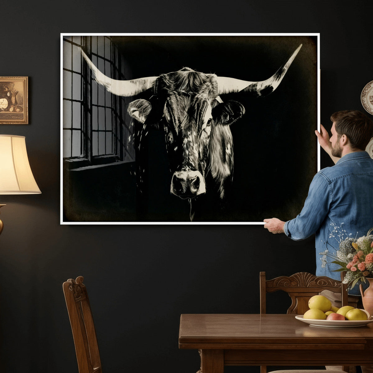 Black Bull Wall Art Canvas Print, Texas Longhorn Portrait