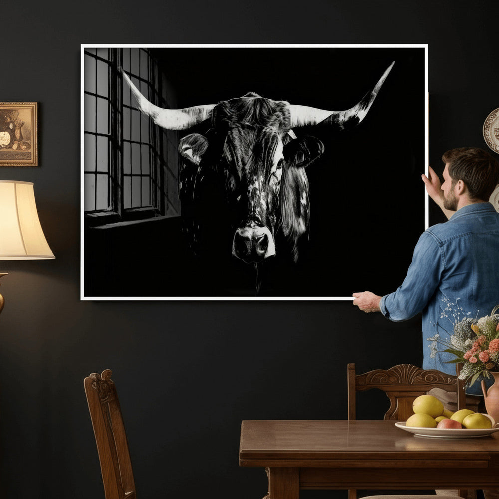 Black Bull Wall Art Canvas Print, Dark Longhorn Portrait